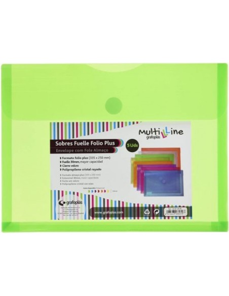 PAQ 5 CARPETA SOBRE Fº VERDE CON FUELLE VELCRO PP MULTILINE